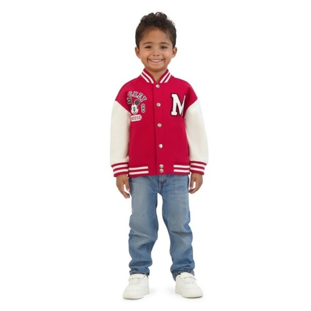 Disney Mickey‎ Mouse Varsity Jacket Baseball Kids 12M Red White Chenille Patch